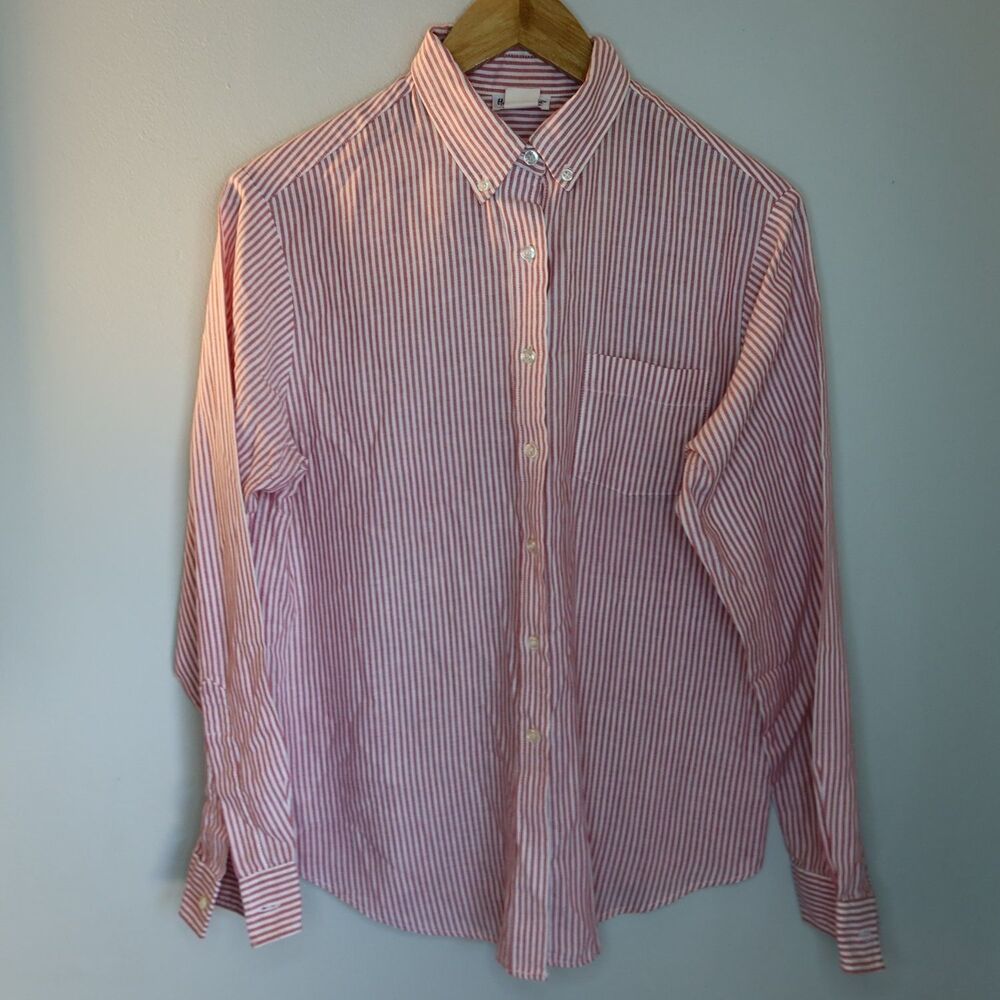 Hampton East Button Shirt Womens M Pink Striped Long Sleeve Classic Fit